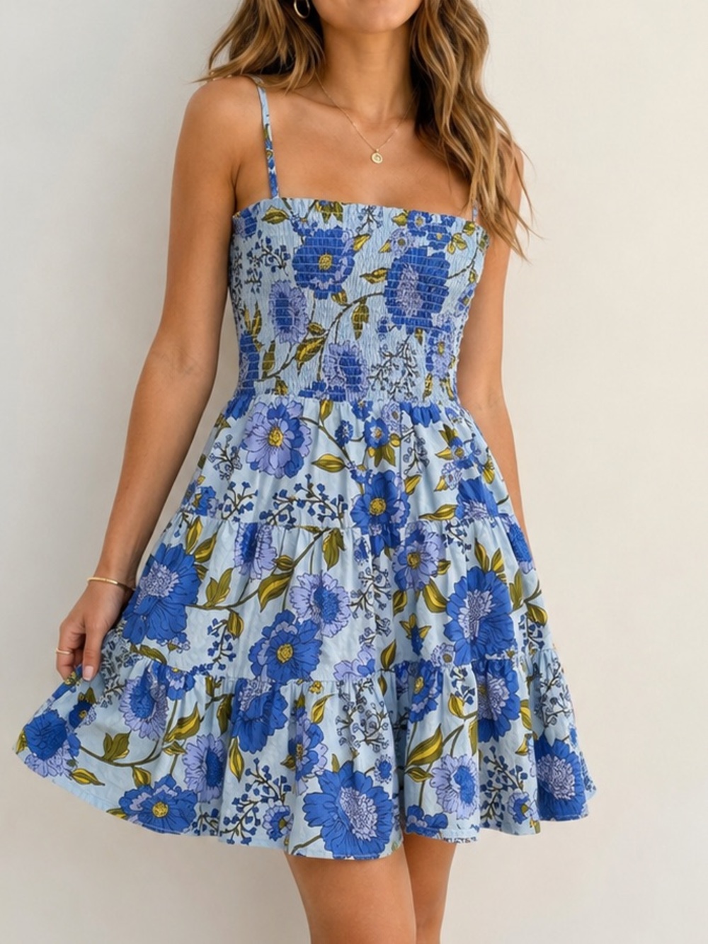 Steve Madden Blue Floral Smocked Tiered Mini Sundress Spaghetti Strap Size S